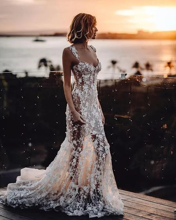 Floral Lace Mermaid Wedding Dresses Off the Shoulder Sheer Sides Trumpet Bridal Gowns Open Back Boho Fitted Bride Dresses Same as picture