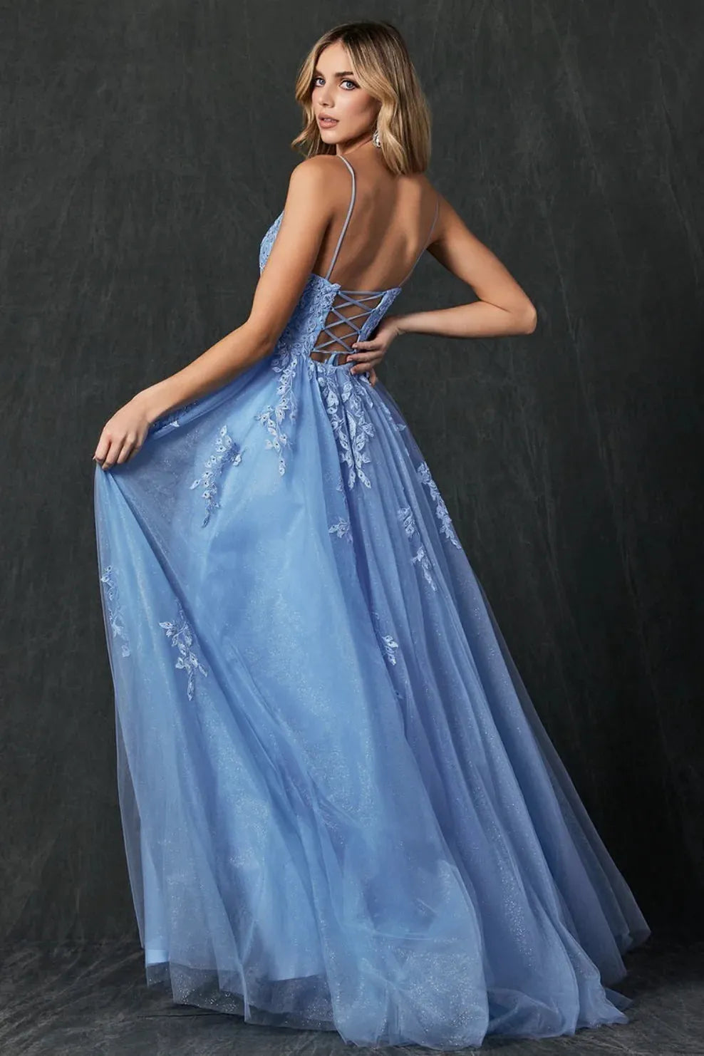 Blue Prom Dress Lace Applique Beaded Long Floor Length Tulle Spaghetti Strap A Line Elegant Evening Gown Party Women Custom made Blue