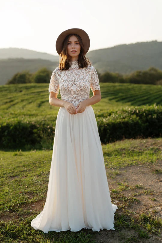 Boho Wedding Dress With Sleeves Simple Beach Chiffon A-Line Dengan Court Train Sexy O-Neck Bohemian Bridal Gowns Beach