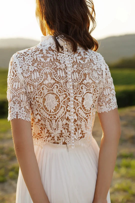 Vestido de novia bohemio con mangas, sencillo vestido de gasa de playa con cola de corte, vestidos de novia bohemios sexis con cuello redondo para playa