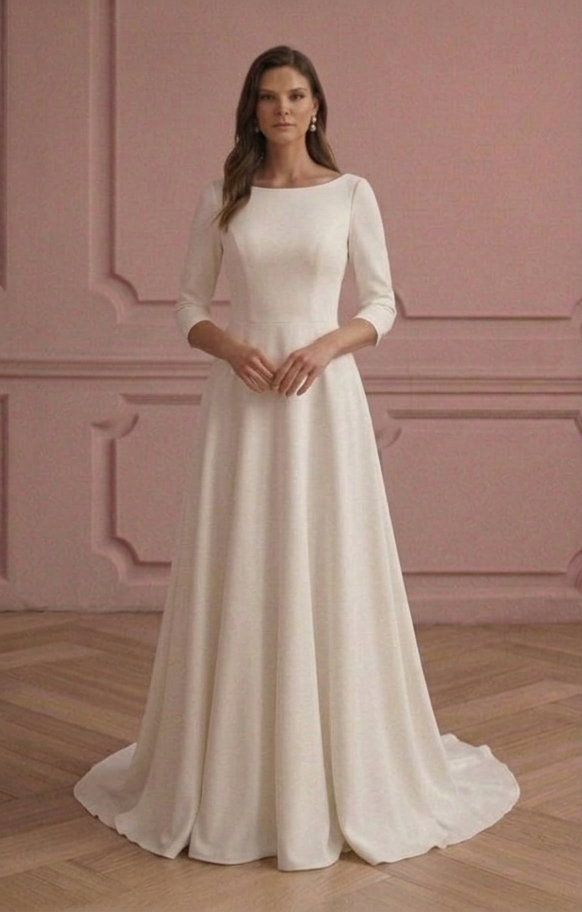 Modern A-Line Wedding Dress Crepe Clean Lines Simple Gown