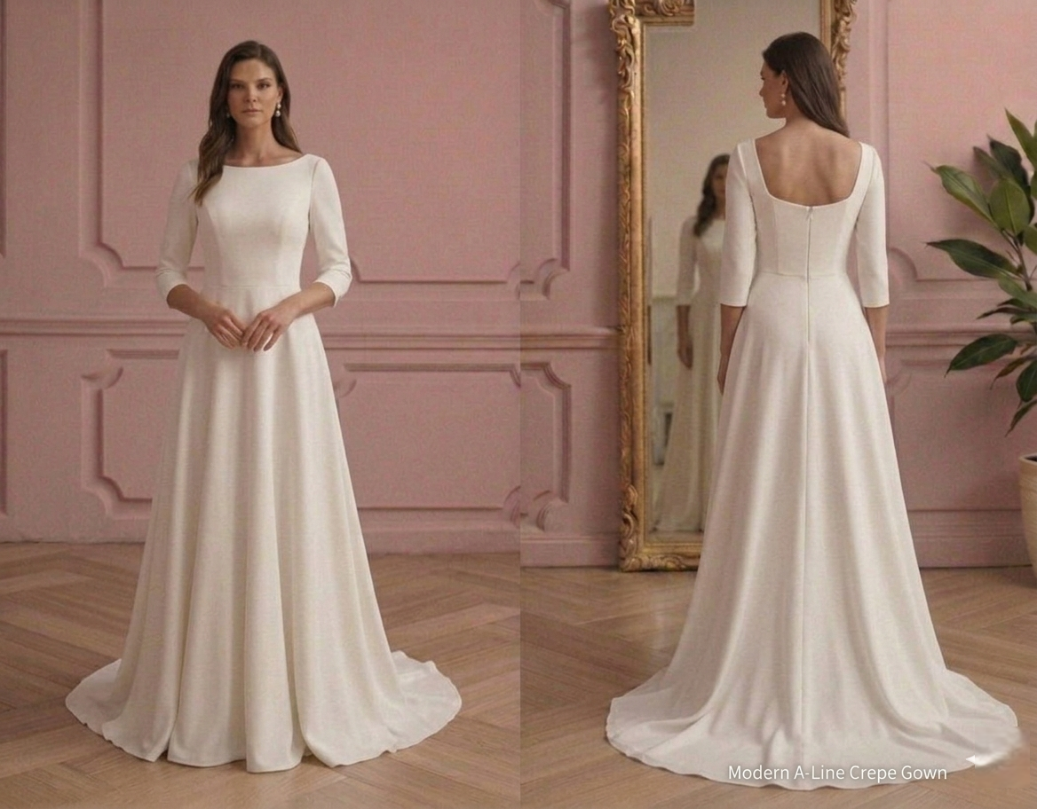 Modern A-Line Wedding Dress Crepe Clean Lines Simple Gown