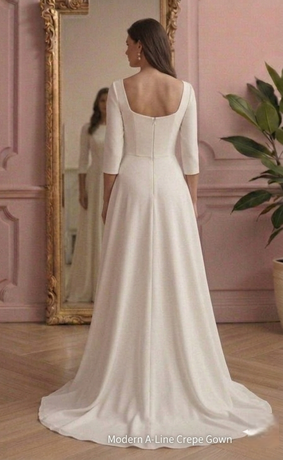 Modern A-Line Wedding Dress Crepe Clean Lines Simple Gown
