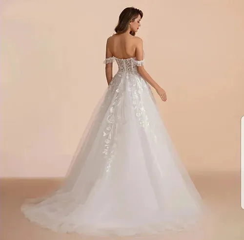 BEPEITHY A Line Sweetheart Bride Wedding Party Dresses Sleeveless Sweep Train Drop Shoulder Lace Ivory White Bridal Gown Ivory