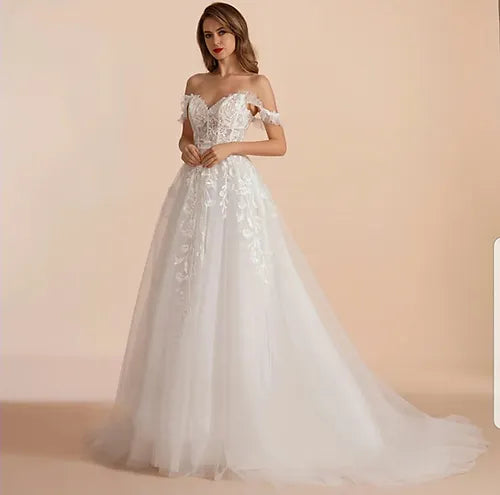 Bepeithy uma linha lineareart noiva vestidos de casamento de noiva mangas mangas de trem grow ombro ombro de marfim vestido de noiva branco