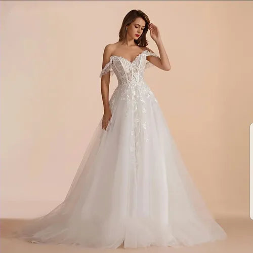 Bepeithy uma linha lineareart noiva vestidos de casamento de noiva mangas mangas de trem grow ombro ombro de marfim vestido de noiva branco