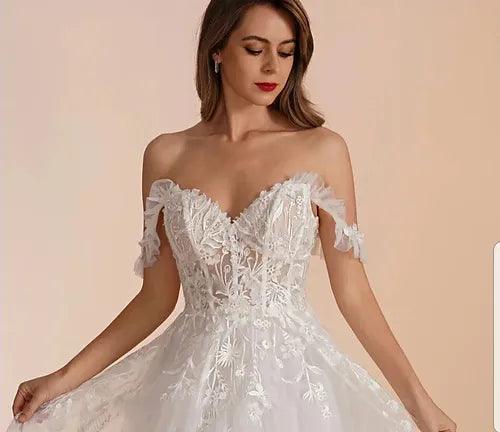 Bepeithy uma linha lineareart noiva vestidos de casamento de noiva mangas mangas de trem grow ombro ombro de marfim vestido de noiva branco