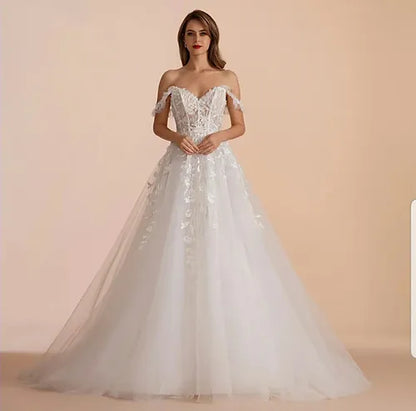 Bepeithy uma linha lineareart noiva vestidos de casamento de noiva mangas mangas de trem grow ombro ombro de marfim vestido de noiva branco