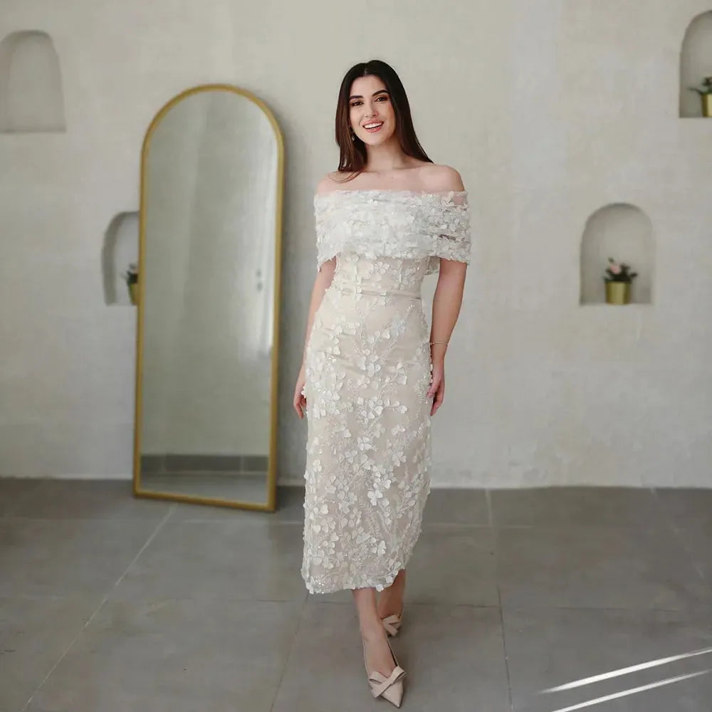 Booma Mermaid Wedding Party Dresses Boat Neck Beading Flowers Lace Bride Prom Gown for women Tea Length Formal Evening Dresses Same as picture