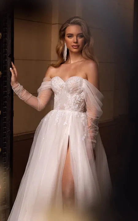 Lace Appliques Sweetheart Neck Wedding Dress Princess Off Shoulder Beach Party Bridal Gown Applique Split Vestido De Noiva 50cm