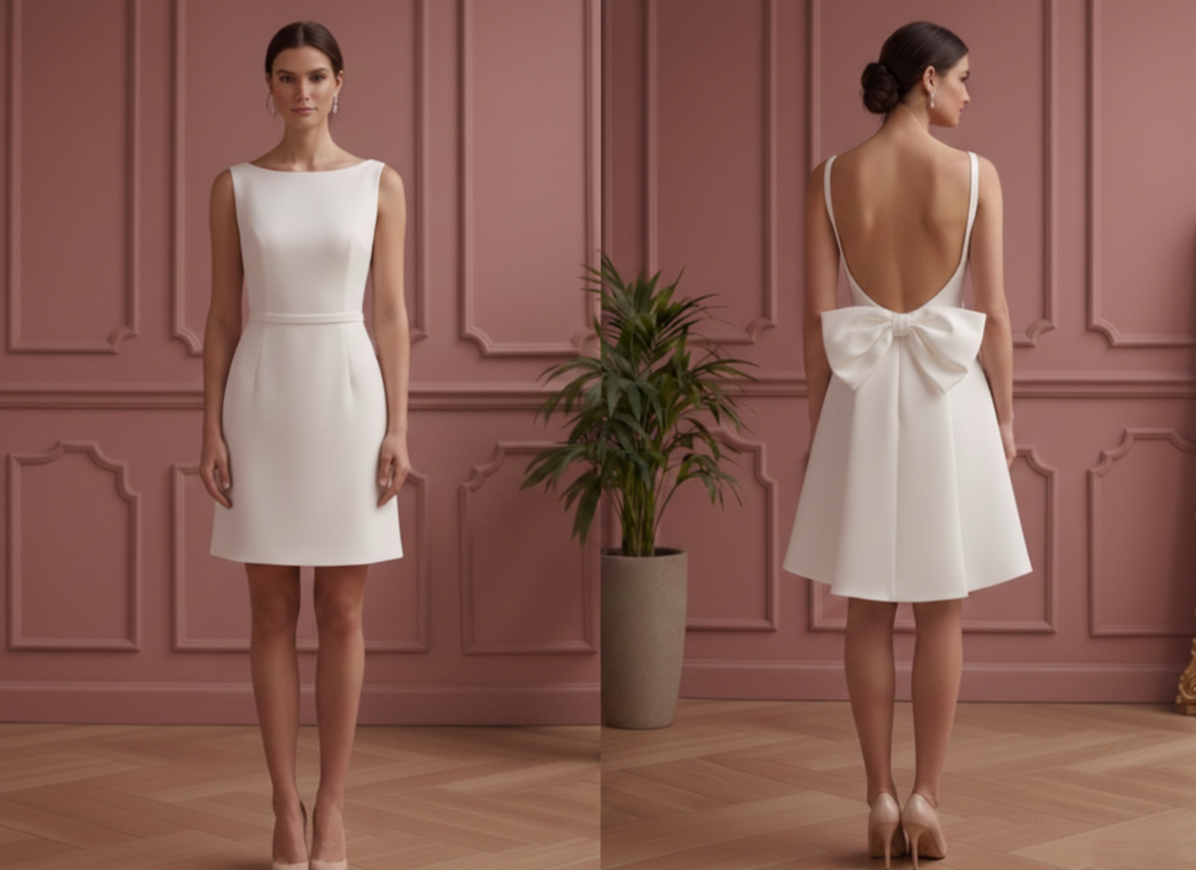 Short Bow Detail Wedding Dress Backless Satin Formal Gown