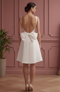 Short Bow Detail Wedding Dress Backless Satin Formal Gown