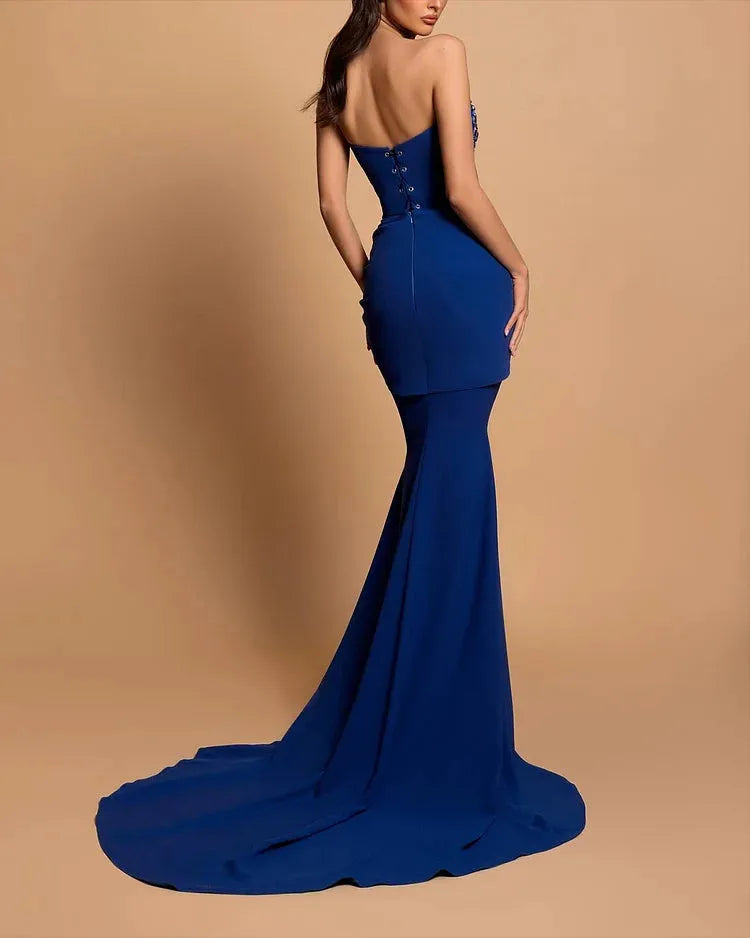 Royal Blue Mermaid Evening Dresses Sparkly Beaded Sweetheart Stretch Satin Formal Party Dress Prom Gown Custom Made Blue
