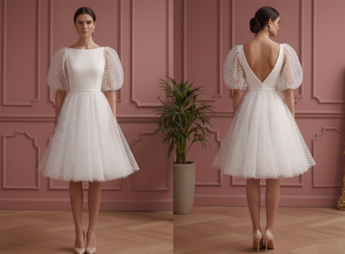 Polka Dot Sleeve Wedding Dress Short Tulle Fun Classic Gown