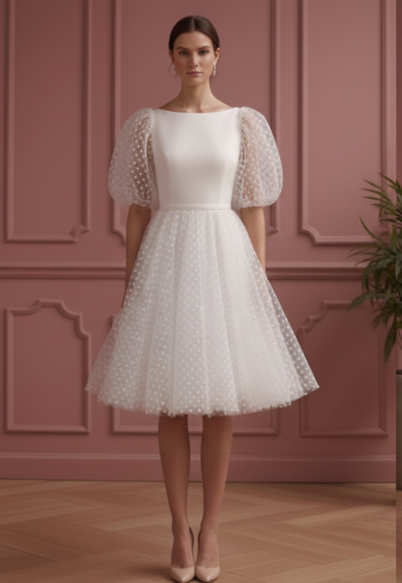 Polka Dot Sleeve Wedding Dress Short Tulle Fun Classic Gown
