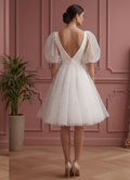 Polka Dot Sleeve Wedding Dress Short Tulle Fun Classic Gown