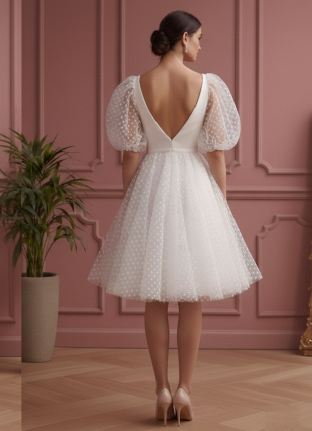Polka Dot Sleeve Wedding Dress Short Tulle Fun Classic Gown