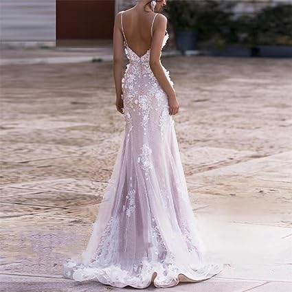 Bunga 3d Tanpa Lengan Gaun Perkahwinan Mermaid Sexy Spaghetti Tali Deep V Neck Backless Gaun Pengantin