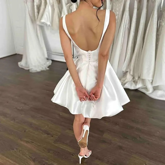 A-Line Short Wedding Party Dressses Square Collar Sleevless Puff Slirt Bridals Gowns for Women Above Knee Prom Dress White 26W