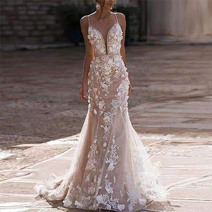 Bunga 3d Tanpa Lengan Gaun Perkahwinan Mermaid Sexy Spaghetti Tali Deep V Neck Backless Gaun Pengantin