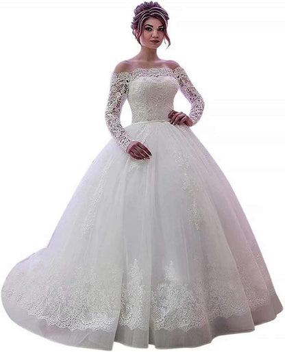 Elegant Tulle Off-the-shoulder Neckline Ball Gown Wedding Dresses Long Sleeves Crystals Bridal Gown abiti da sposa