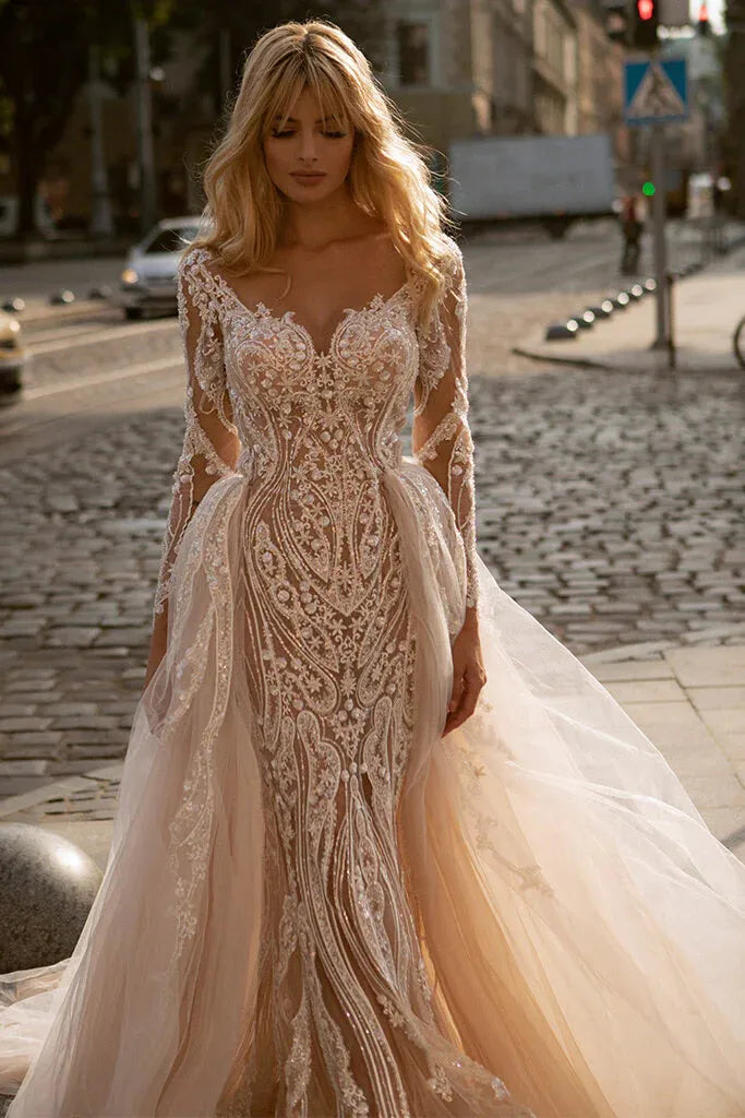 Luxurious Detachable 2 In 1 Wedding Dress Heavy Industry Bead Embroidery Train O-neck Fullsleeve Vintage Bride Gowns Back Button 50cm