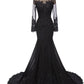 Black Lace Embroidery Prom Dresses Illusion Mermaid فساتين السهرة  Long Sleeves Floor-Length vestidos verano moda