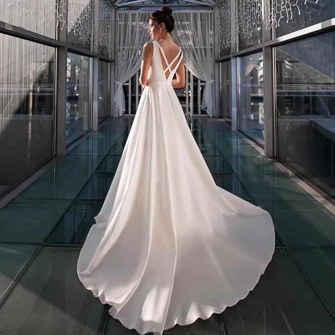 Robe De mariée en Satin Simple, sans manches, col en V, ligne A, dos croisé, nouvelle robe De mariée