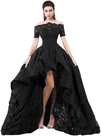 Wedding Dress Short Front Long Back Strapless A-line Floor Length Black Lace Wedding Gown