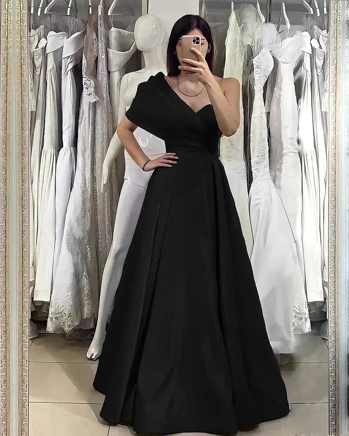 Evening Dresses Size 18 Gown Black Simple Satin Off Shoulder A-line Prom Dress 2025, Black Evening Dresses Size 18 Gown Black Simple Satin Off Shoulder A-line Prom Dress 2025, Black