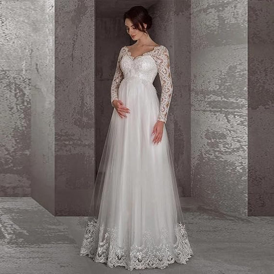 Pregnant Wedding Dresses Lace Tulle Full Sleeves Deep V Neck A Line Empire Waist Long Floor Length Bride Gown Women Formal