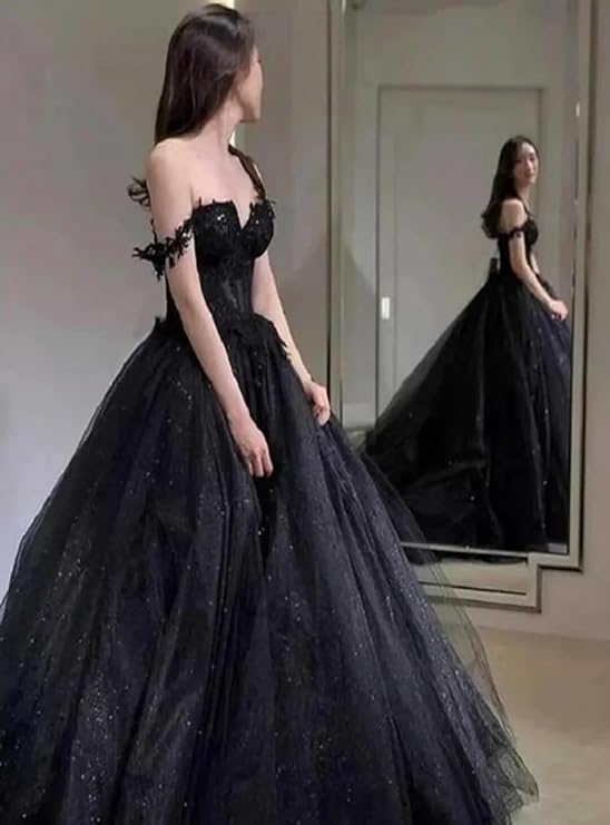 Black Prom Dresses Ball Gown Tulle فساتين السهرة Elegant Sleeveless Heart Shaped Neck Shiny Sequins Vestidos De Noche 2024