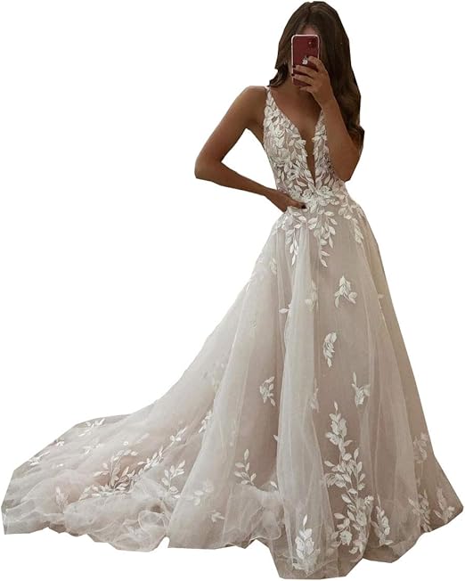 Lorie erröten rosa Spitze elegante Hochzeitskleider niedrig geschnittene V-Ausschnitt-Applikationen A-Line-Brautkleider Prinzessin Spaghetti-Gurte Brautkleid Brautkleid