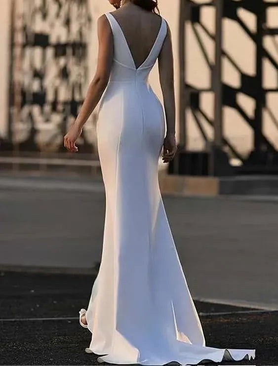 Yunshang Simple Mermaid Wedding Dresses Women Open Back V-Neck Spaghetti Straps Satin Bridal Gown Sweep Train Vestidos De Novia Ivory 20w
