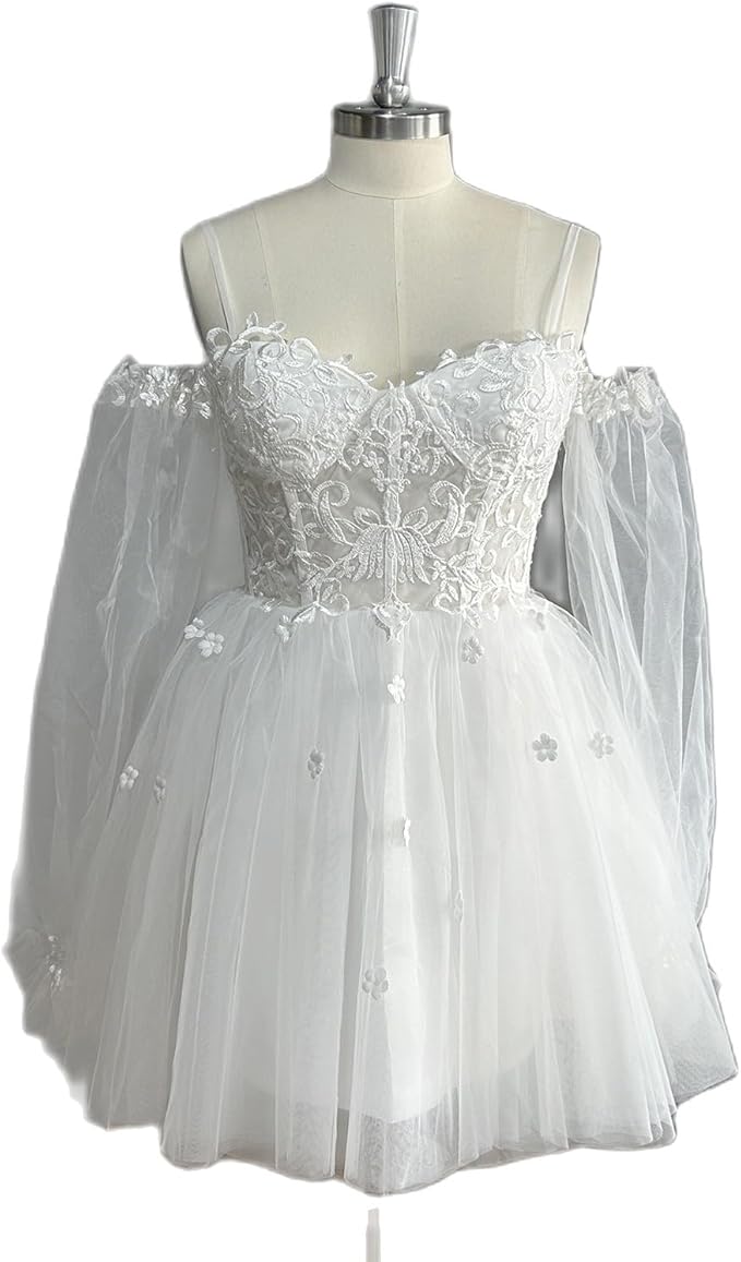 Dideytttawl sweetheart maniche lunghe tulle abito da sposa corto mini lunghezza fuori spalla abito da sposa foto