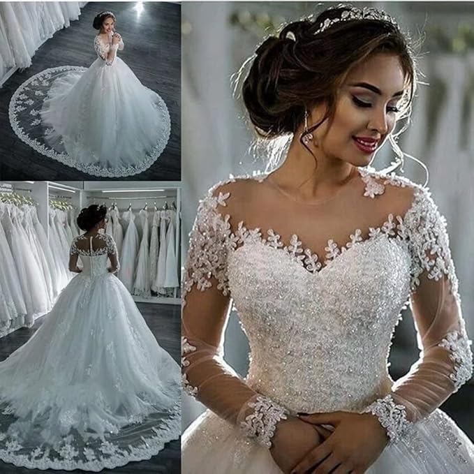 Gaun elegan untuk wanita lengan panjang gaun pengantin pengantin jubah bola gown boutique pengantin wanita panjang lantai formal