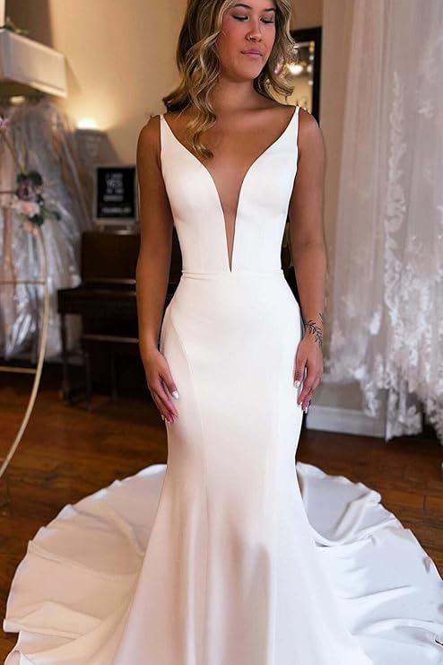 Simple Deep V-Neck Sleeveless Crepe Mermaid Wedding Dress For Women Open Back Court Train Bridal Gown Custom Made