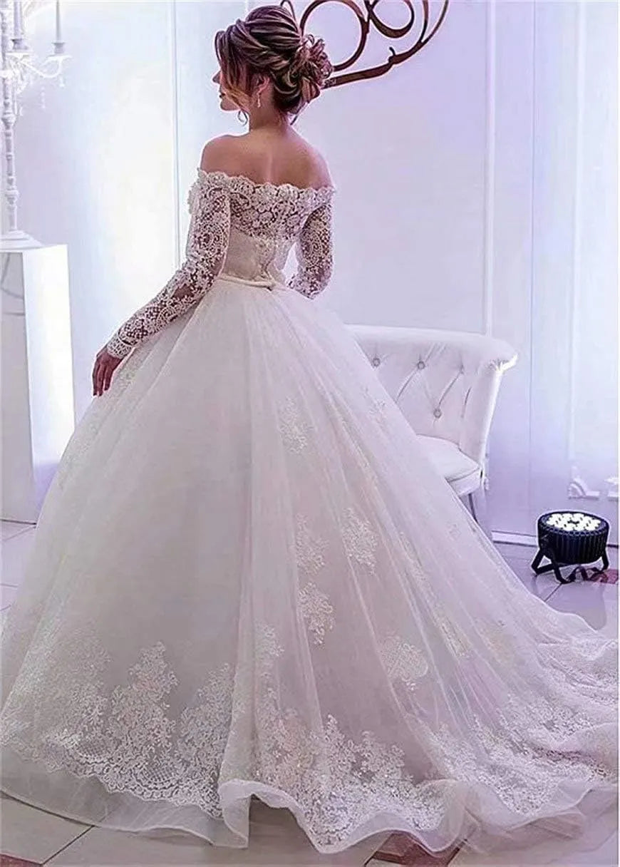 Elegant Tulle Off-the-shoulder Neckline Ball Gown Wedding Dresses Long Sleeves Crystals Bridal Gown abiti da sposa Champagne