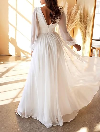 Einfaches weißes Strand Hochzeitskleid Langarm Side Split Floor Lecngth für Braut Robe de Mariee Custom Made V-Ausschnitt