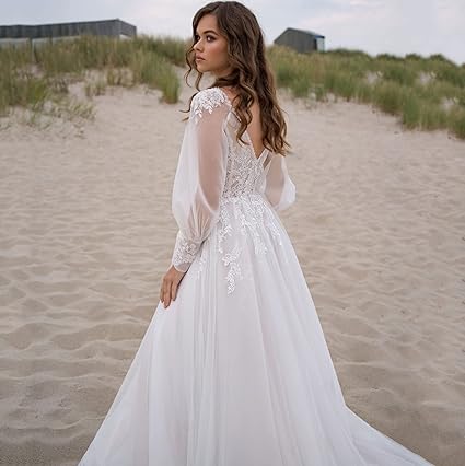 Musetta Beach v-neck Gaun Perkahwinan Sederhana Puff Lengan Celah Tinggi Backless Pengantin Gaun Renda Applique Tulle Robe De Mariée