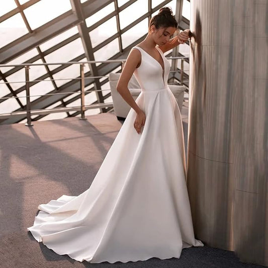 Robe De mariée en Satin Simple, sans manches, col en V, ligne A, dos croisé, nouvelle robe De mariée