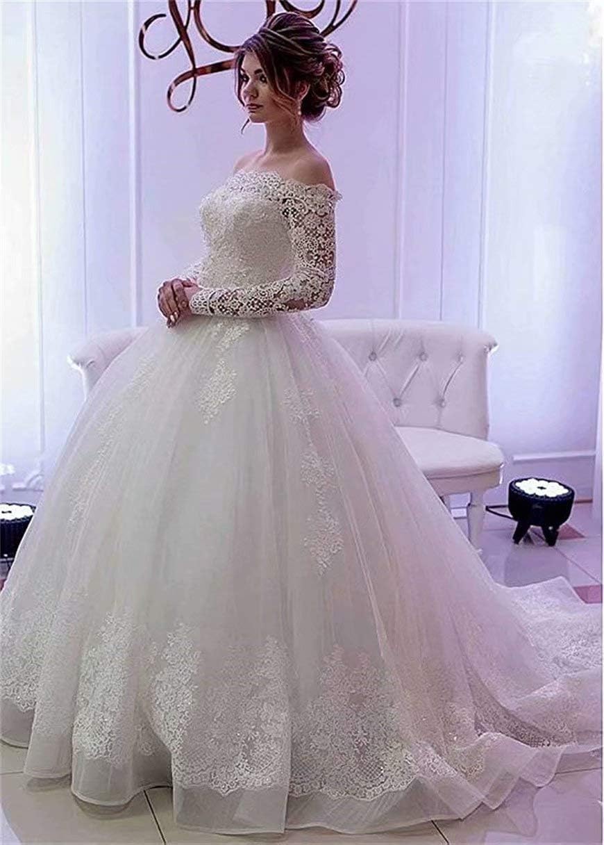 Elegant Tulle Off-the-shoulder Neckline Ball Gown Wedding Dresses Long Sleeves Crystals Bridal Gown abiti da sposa