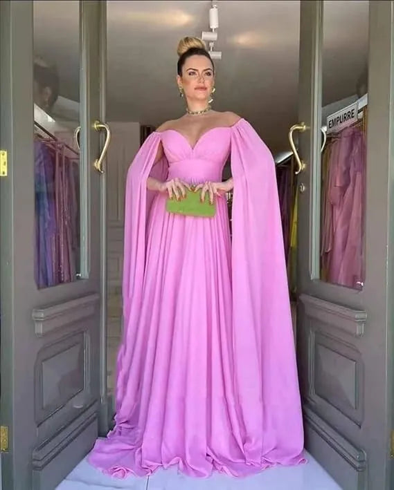 Comfy Chiffon Prom Dress Cape Sleeve Evening Dress Lavender فستان سهرة Sexy V-neck Floor Lenght Party Dresses Pink