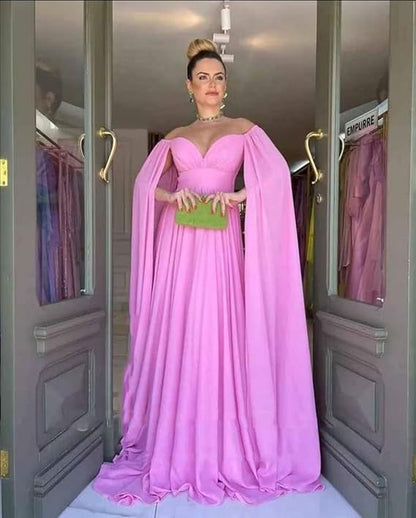 Cómodo vestido de fiesta de gasa vestido de noche con manga capa lavanda فستان سهرة Vestidos de fiesta largos hasta el suelo con cuello en V sexy