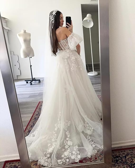 Vestido de fiesta de tul bordado de encaje blanco, vestido de lujo con hombros descubiertos, corte en A, elegante vestido de novia sin mangas