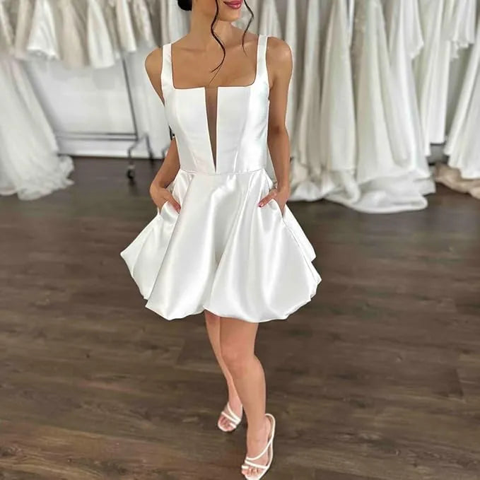 A-Line Short Wedding Party Dressses Square Collar Sleevless Puff Slirt Bridals Gowns for Women Above Knee Prom Dress White 26W
