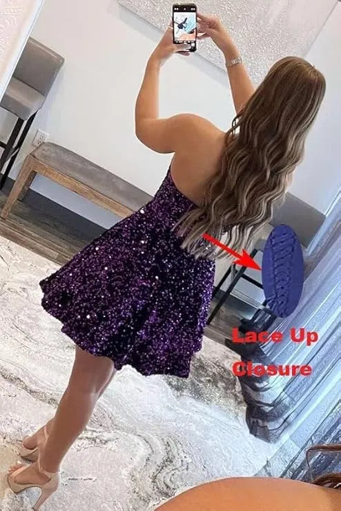 Sequined Prom Dresses Short Mini Ball Gown Sparkly Bling Formal Party Dresses Formal Special Occasion Dress grape