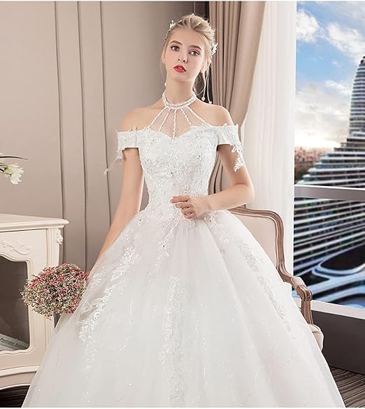 Elegant Crystal Halter Lace Appliques Ball Gown Wedding Dresses Off The Shoulder Tulle Backless Bridal Gowns