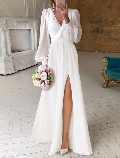 Simple White Beach Wedding Dress Long Sleeve Side Split Floor Lecngth For Bride Robe De Mariee Custom Made V-Neck
