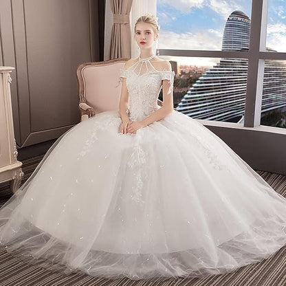 Elegant Crystal Halter Lace Appliques Ball Gown Wedding Dresses Off The Shoulder Tulle Backless Bridal Gowns